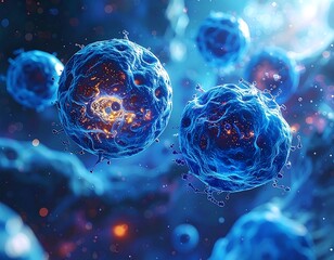 Microscopic view of glowing blue spherical structures in a biological setting