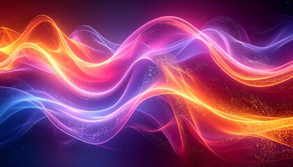 Fototapeta premium A vibrant, flowing abstract artwork features glowing, undulating lines in fiery orange, radiant pink, and cool blue hues against a dark background