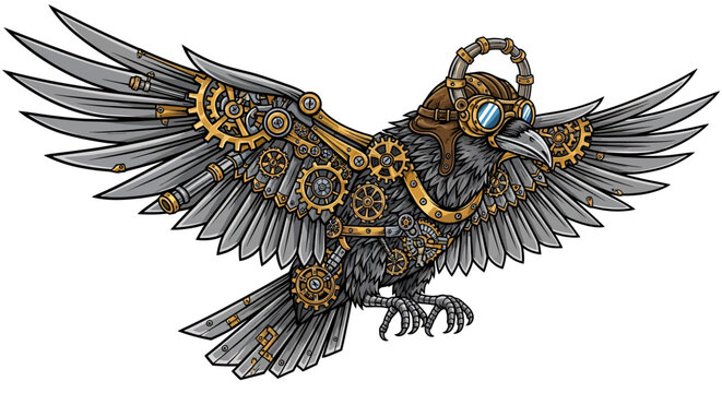 Magnificent steampunk raven soaring with intricate gears and goggles, a bold symbol of innovation and timeless artistry for your creative projects now