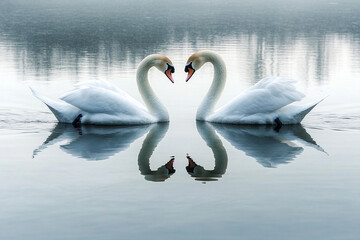 pair of swans gliding across still lake, their reflections forming heart