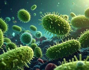 Microscopic view of various bacteria with a blue and green palette