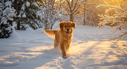 Golden Retriever Joyfully Runs Through Snowy Winter Landscape at Sunset.