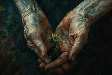 pair of weathered hands holding tiny sprout with hope