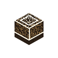Isometric dark brown cube with gold abstract texture and white border detail