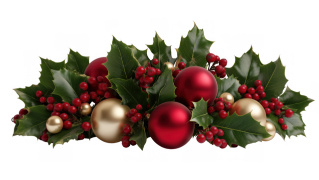 Cheerful festive display of holly and ornaments, created AI, PNG
