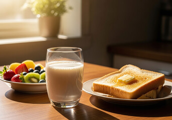 A healthy breakfast of toast with butter, fresh fruit salad, and a glass of milk