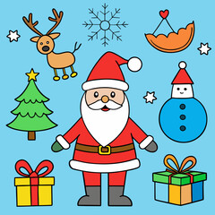 Whimsical christmas characters and symbols on a bright blue background