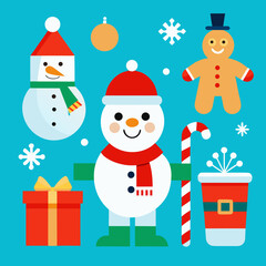 Festive christmas characters and symbols on a bright blue background