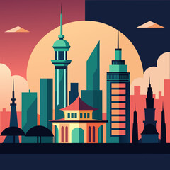 Stylized cityscape with tall buildings and a central pagoda under a large sun