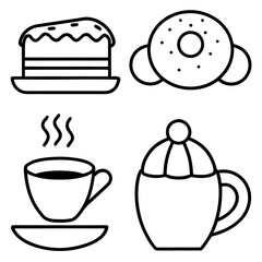 Simple line art icons of sweet treats and hot beverages for cafes
