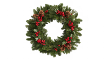 Decorative wreath adorned with berries and pine cones, created AI, PNG