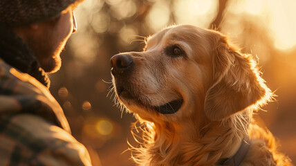 Golden Retriever Looking Lovingly at Owner in Sunlit Park, Cinematic Emotional
