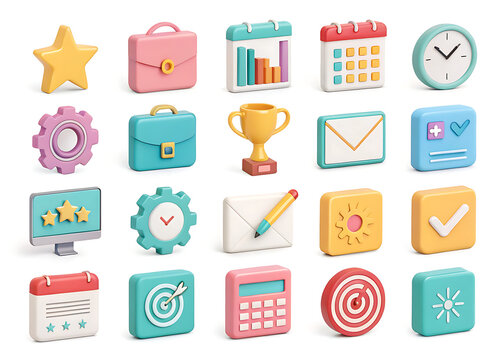 Collection of colorful 3d business and finance icons on a white background