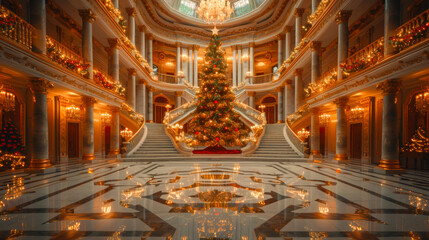 Obraz premium Grand Palace Staircase with Christmas Tree and Golden Lights