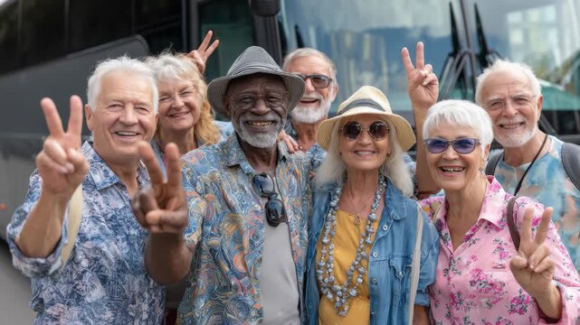Mature group of seniors happily posing with peace signs in front of a tour bus during their travel adventure