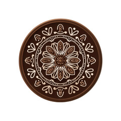 Obraz premium Round brown decorative plate with intricate white and tan floral mandala pattern design