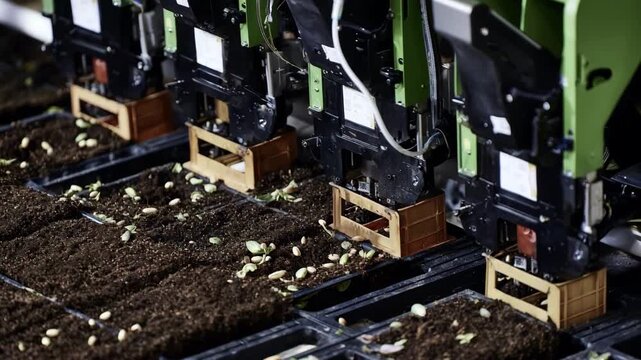 Medium shot of automated seed propagation system in action featuring mechanized seed dispensers planting native seeds in precise patterns for efficient cultivation.