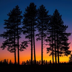 Dramatic silhouette of majestic trees standing tall against a vibrant, colorful sky at sunset, showcasing nature's serene beauty ,silhouette ,growth ,golden hour