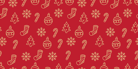 Christmas seamless pattern with golden doodle elements on red background