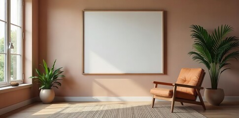 Fototapeta premium Empty frame in a stylish, minimalist, nomadic-themed room Ideal for design presentations , wall, display