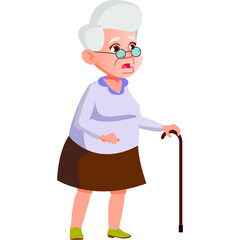 Elderly Woman With Cane And Glasses Looking Concerned In A Lavender Top And Brown Skirt With Pink Legs And Green Shoes