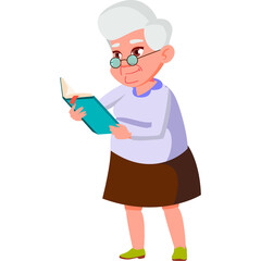 Elderly Woman with White Hair and Glasses Reads a Book in a Light Purple Blouse and Brown Skirt