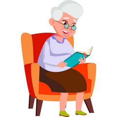 Elderly Woman With White Hair And Glasses Sitting In Orange Armchair Reading A Book Indoors With A Content Expression And Soft Lighting