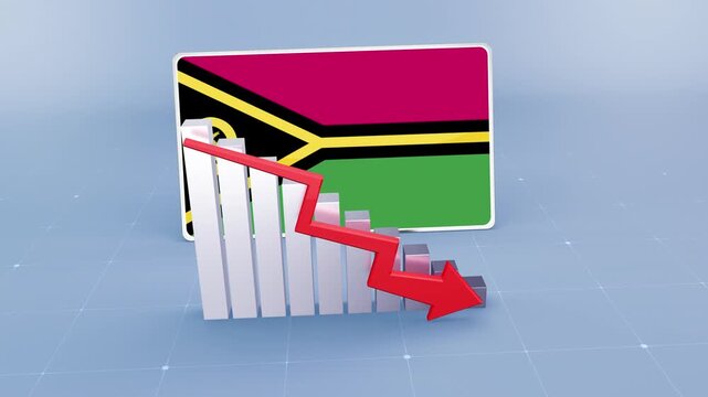 Vanuatu Flag and Bar Chart Graph Showing Decreasing Values a Red Arrow Economic Crisis Concept