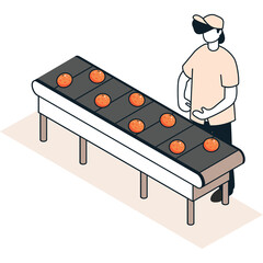 Factory Worker Overseeing Oranges on a Conveyor Belt in a Brightly Lit Production Line Environment
