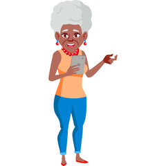 Elderly African American Woman With Gray Afro Hair Holding A Tablet Computer Smiling Wearing Orange Tank Top Blue Jeans And Red Earrings