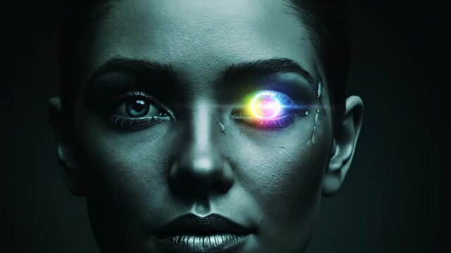 Close-up animation of a futuristic cyborg woman's glowing eye. A sci-fi portrait with a fiery neon portal transforming into a bionic eye. Artificial intelligence concept