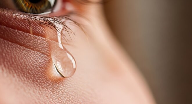 Extreme close-up macro shot of a single tear rolling down from a person's green eye, conveying sadness and emotion.