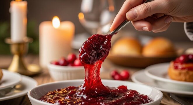 A person serves homemade cranberry sauce with a spoon from a white bowl during a festive, candlelit holiday dinner. Cozy Christmas Theme Background