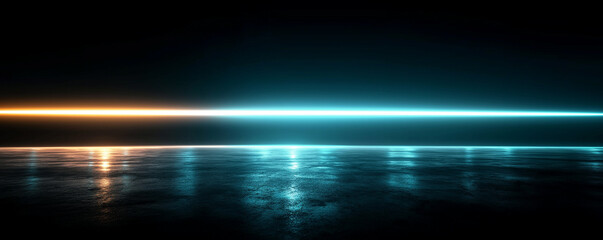 Futuristic neon light tunnel with reflective wet floor and orange and cyan glow