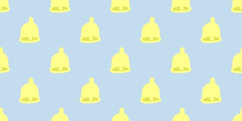Seamless pattern of yellow bells on a blue background, offering a festive and bright design ideal for Christmas, holiday wrapping, or cheerful decorative projects.