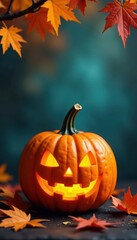 Spooky orange pumpkin banner with autumn leaves and spiderwebs, photography, leaves