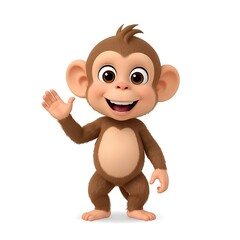 Fototapeta premium Waving cartoon monkey with brown fur and big eyes on white background Keywords: monkey, ape, primate