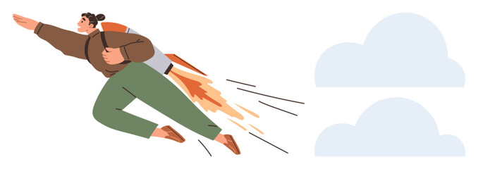 Person flying with a rocket-powered jetpack, aiming forward towards success over clouds. Ideal for growth, innovation, leadership, achievement, freedom, motivation and futuristic aspirations. A