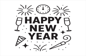 Festive new year celebration with champagne fireworks and a clock design