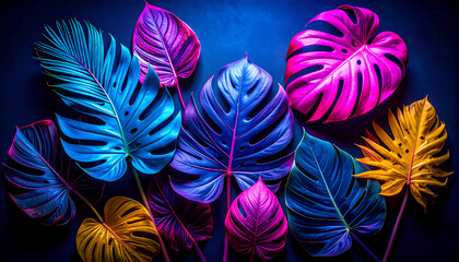 Flat lay of tropical leaves in vibrant fluorescent colors &mdash; magenta, cyan, and yellow. Artistic glowing arrangement, modern nature concept, minimal composition on dark 