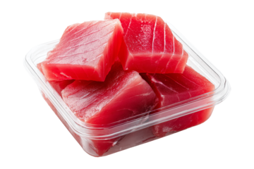 Fresh raw tuna cubes Micronesian sashimi isolated on white transparent background, representing seafood freshness.