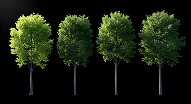 Four trees with green leaves and thin trunks stand against a black background, casting soft shadows and creating a natural, serene scene
