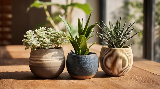 Awesome photo of three small potted plants on a wooden table in natural sunlight.