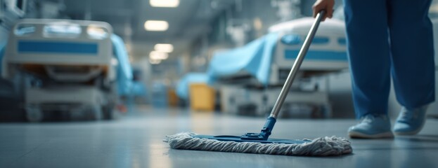 Hospital staff member mopping floor in medical facility with care  