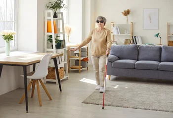 Fotobehang Leder Senior elderly blind disabled woman in casual clothes with cane walking in the living room at home. Female retired person with cane indoors. Blindness, disability and vision problems concept.  © Studio Romantic