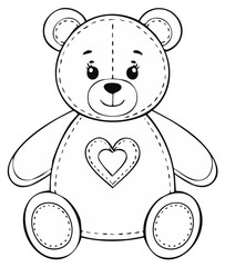Obraz premium Cute stuffed teddy bear with a heart, line art illustration for a children's coloring book