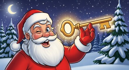 Winking Santa Claus Holding a Glowing Golden Key in a Snowy Christmas Night Scene