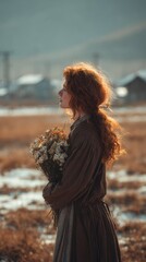 Young woman standing in a winter field holding a bouquet of flowers, vertical photo