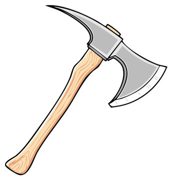 Cartoon style firefighter pick head axe with wooden handle for emergency rescue.