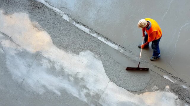 Construction worker smooths freshly poured concrete at a job site during the day, focusing on precision and detail in a bustling urban area